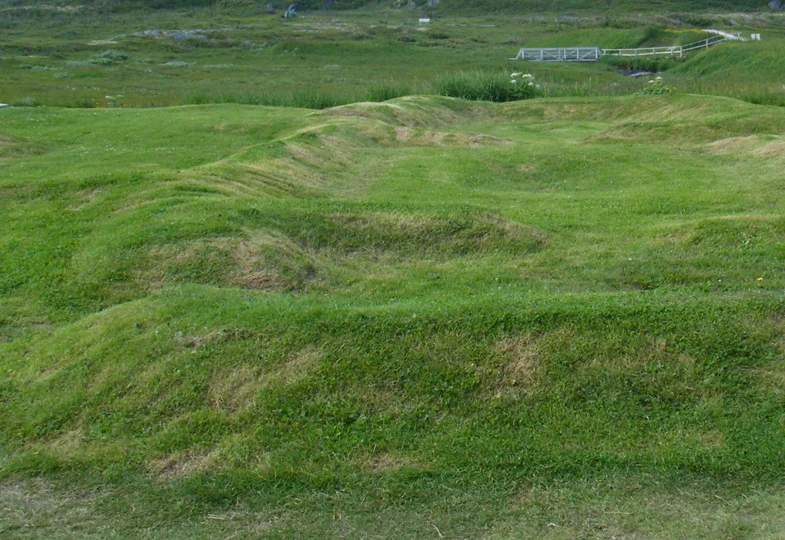 Photograph of the largest original Viking building in L'Anse aux Meadows, Newfoundland. The entryway is in front, the sleeping quarters in the center. To the left a boat repair area, and to the right storage. Wiki Commons