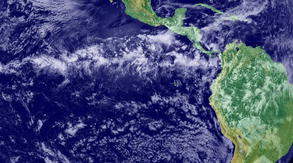 The thunderstorms of the Intertropical Convergence Zone form a line across the eastern Pacific Ocean.