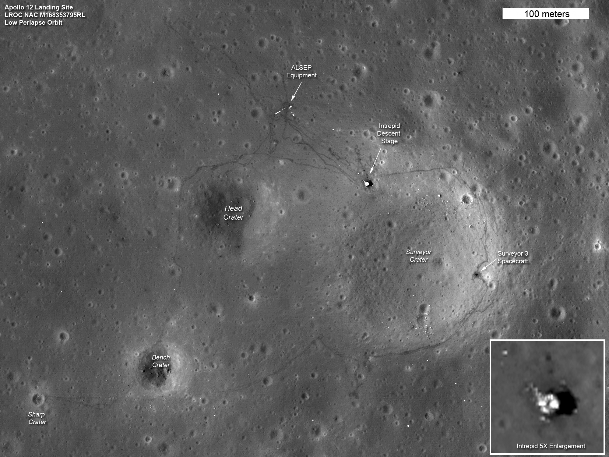 The paths left by astronauts Alan Shepard and Edgar Mitchell on both Apollo 14 moon walks are visible in this image. (At the end of the second moon walk, Shepard famously hit two golf balls.) The descent stage of the lunar module Antares is also visible: Image NASA's Goddard Space Flight Center/ASU