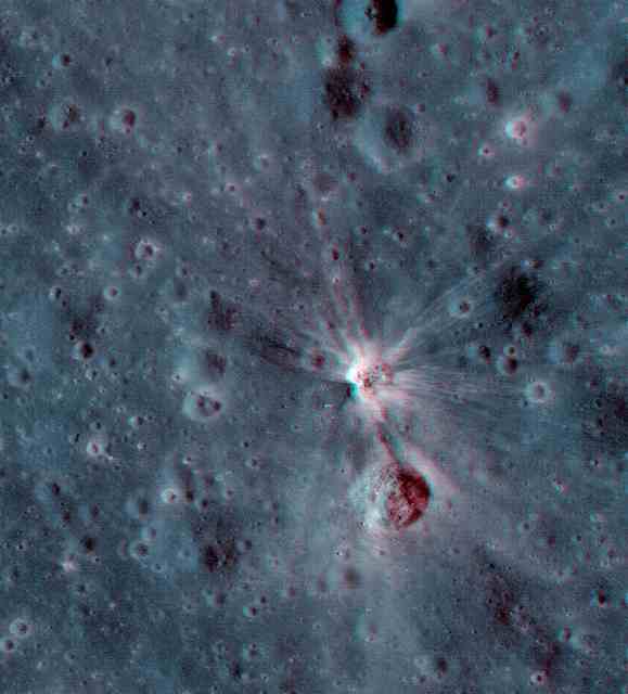 The crater made by the Apollo 17 booster: Image NASA/GSFC/Arizona State University, 3-D by Nathanial Burton-Bradford.