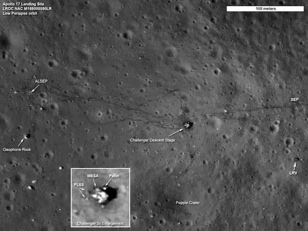 The remains of the Apollo 17 site in the moon's Taurus-Littrow Valley: Image: (NASA/GSFC/Arizona State University)