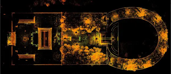 Aerial point cloud image of main tomb at Jing Ling, showing shape of monument and main structures within.