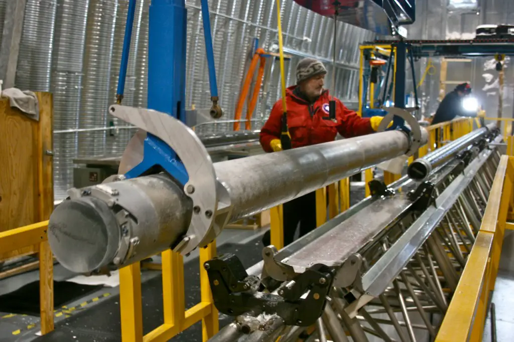 A West Antarctic Ice Sheet Divide ice core barrel is shown. Cores show past air temperatures. Credit: Thomas Bauska, OSU