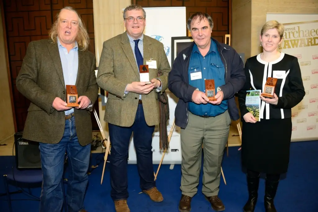 The four winners of this year’s prestigious Current Archaeology Awards. L-R: Phil Harding (Archaeologist of the Year), Richard Buckley (Research Excavation of the Year, for the search for Richard III), Keith Parfitt (Rescue Dig of the Year, presented to Canterbury Archaeological Trust for their work at Folkestone Roman villa), and Rebecca Jones (Book of the Year – Roman Camps in Britain)