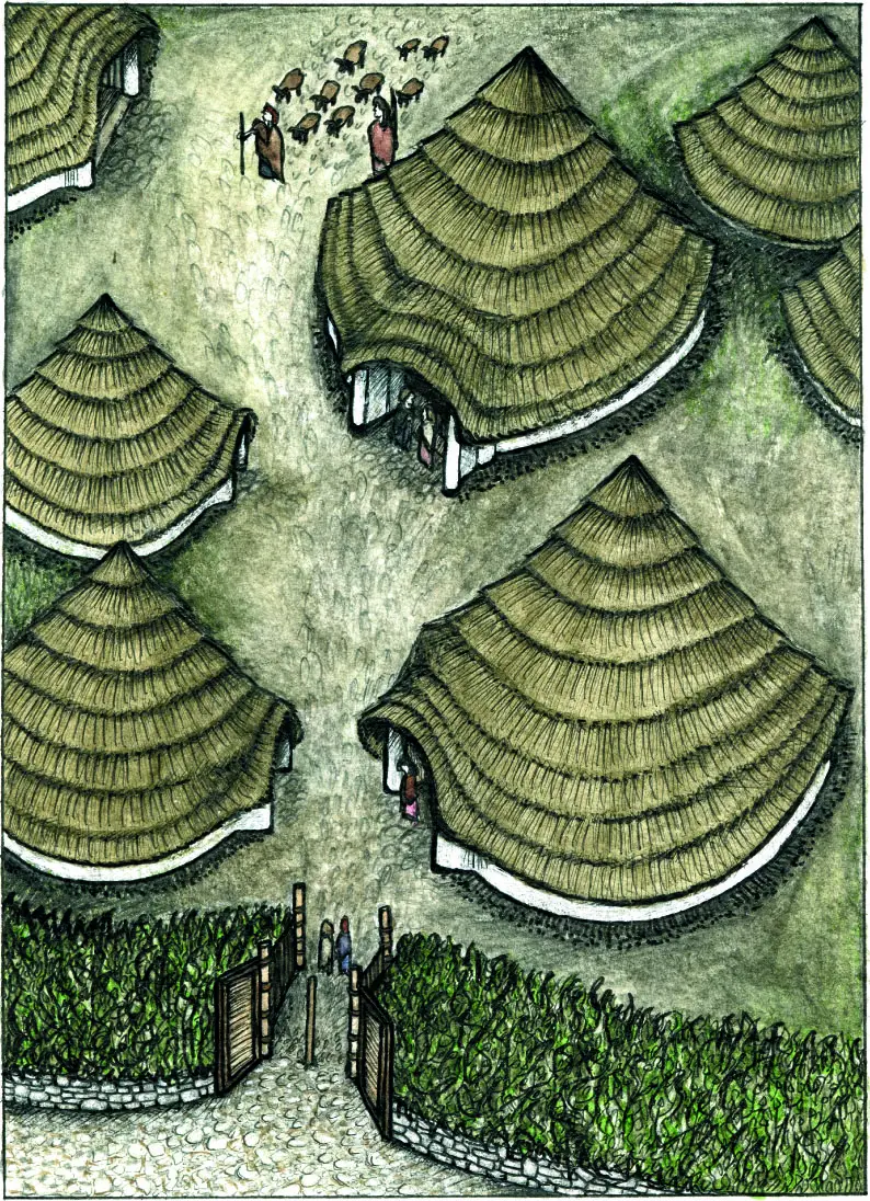 A reconstruction drawing of the Broxmouth settlement. Credit : Historic Scotland