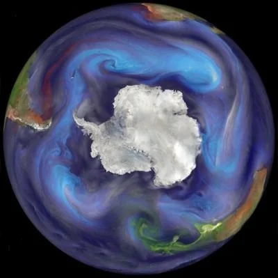 The image shows the emission and transport of dust and other important aerosols to the Southern Ocean on Dec. 30, 2006. Dust is represented with orange to red colors, sea salt with blue, organic and black carbon with green to yellow, and sulfates with ash brown to white. In the image, a plume of dust has been emitted from southern South America and is being transported eastward over the Subantarctic Atlantic Ocean. Credit: Image courtesy of William Putman and Arlindo da Silva, NASA/Goddard Space Flight Center