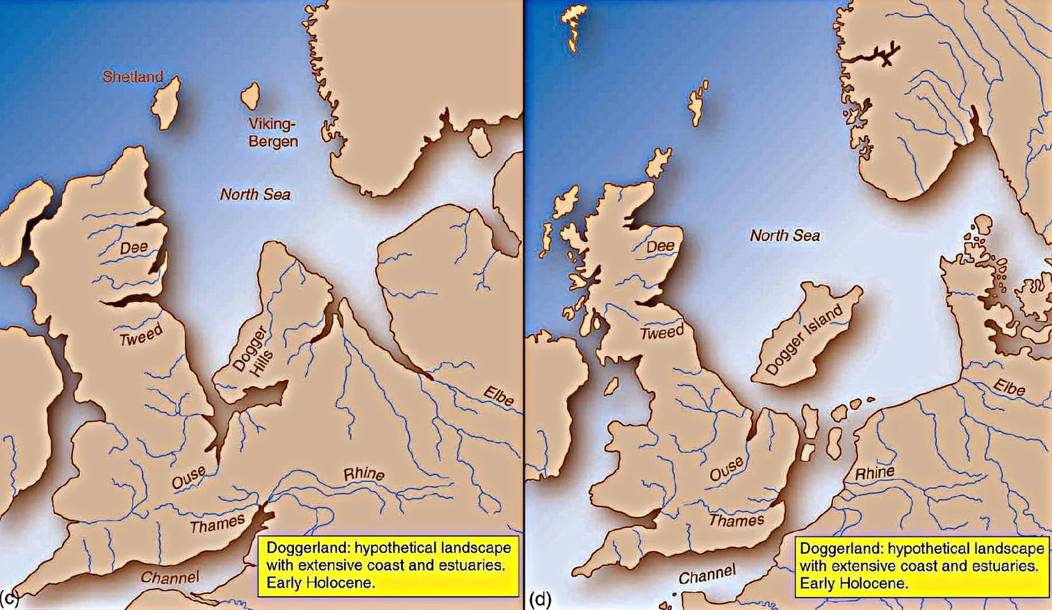 The North Sea appears at start of the modern period (C), leaving only ‘Dogger Island’ (Dogger Bank) as recognisable coastlines appear (D). Vincent Gaffney