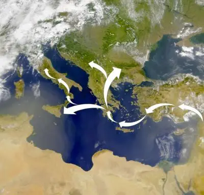Caption: Genetic markers in modern populations indicate the Neolithic migrants who brought farming to Europe traveled from the Levant into Anatolia and then island hopped to Greece via Crete and then to Sicily and north into Southern Europe. Credit: Modified NASA map