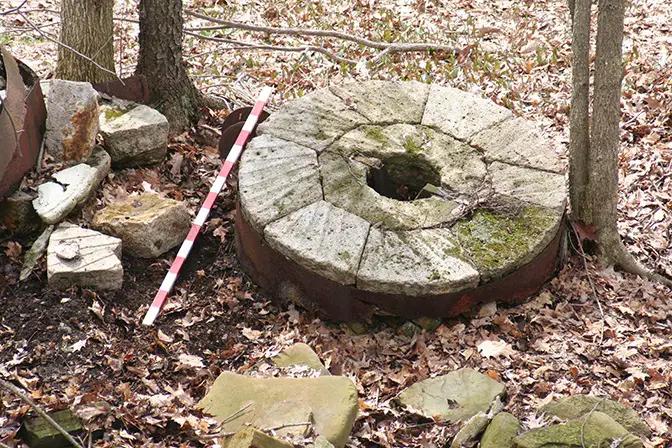 Millstone made of French buhr at the site of Clover Hill Mill, Trumbull County, Ohio. © SEPM