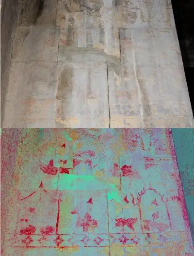 Caption: A hidden image at Angkor Wat temple showing life scenes. The enhanced image is below, and the original image is above. Credit: Noel Hidalgo Tan