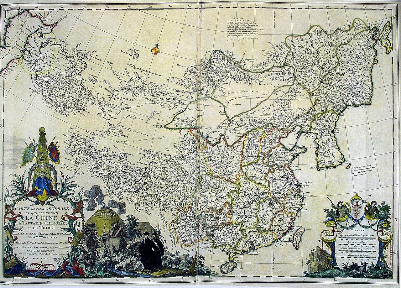 Tibet in 1734. Royaume de Thibet ("Kingdom of Tibet") in la Chine, la Tartarie Chinoise, et le Thibet ("China, Chinese Tartary, and Tibet") on a 1734 map by Jean Baptiste Bourguignon d'Anville, based on earlier Jesuit maps. WikiPedia