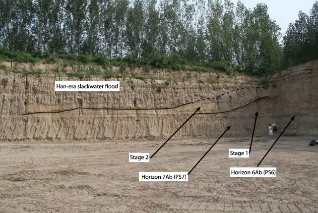 The southwest corner of the brick quarry dig site at Anshang shows remnants of the bank/levee in the sedimentary record.