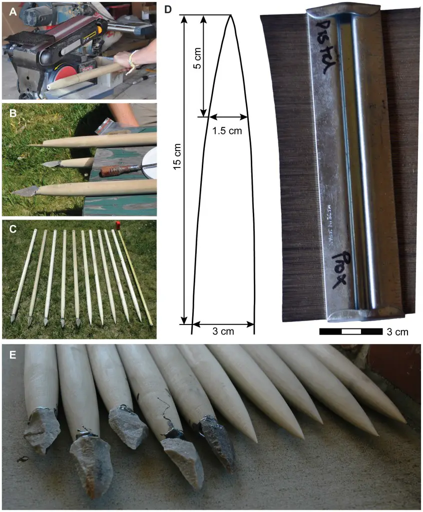Manufacturing the experimental spears. A. Using disc sander to shape distal end of spear. B. L-notch used for hafting stone tools to half of the spears. C. Two sets of spears were manufactured, 5 tipped, 5 untipped. D. The shape of the distal end was constant between all 10 spears; a contour gauge was used to ensure consistency. E. Commercial epoxy was used as the binding agent to attach the quartzite stone tips. Plos One
