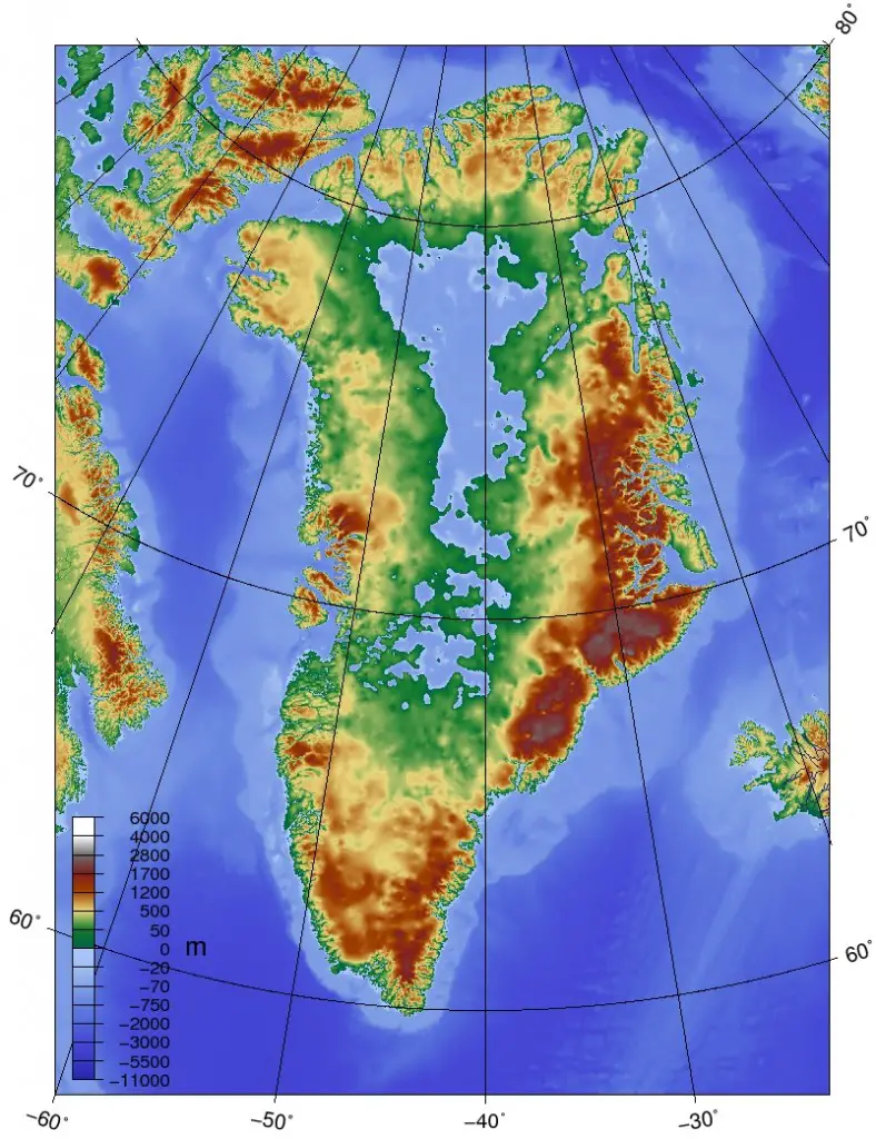 Topographic map of Greenland: WikiPedia