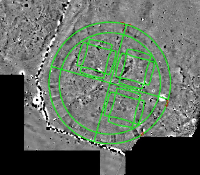 Ground plan of the Fyrkat Viking fortress placed on top of the Vallø ringed fortress. The red lines show the outline of the Vallø excavation (click for larger photo). © Danish Castle Centre