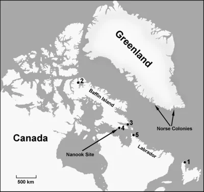 Map showing location of the Nanook site and other sites mentioned in the text: (1) L'Anse aux Meadows, (2) Nunguvik, (3) Willows Island-4, (4) Cape Tanfield localities, (5) Avayalik-1.
