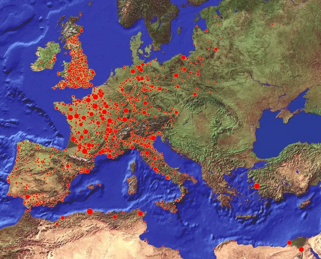 Digitized data on 7,711 plague outbreaks that occurred between 1347 and 1900 AD across Europe. The data base on an inventory initially published 1976. Graph: Christian Ginzler (WSL)