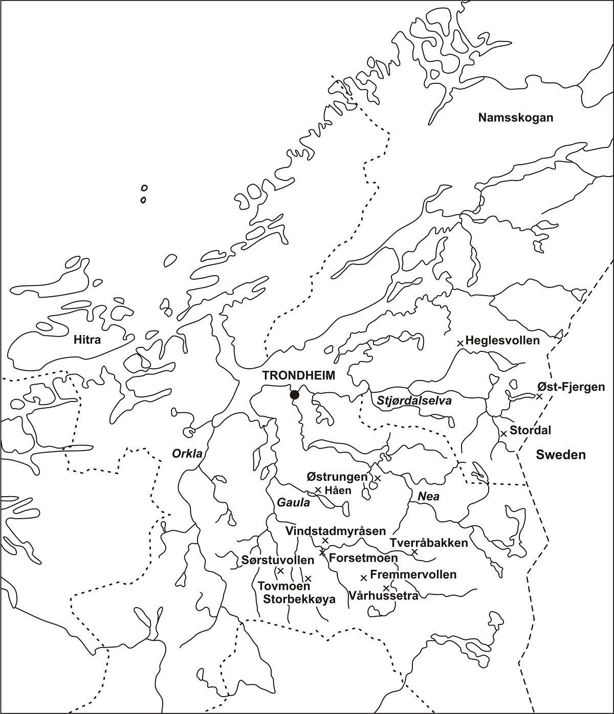 Places that testify to iron production in Trøndelag: Heglesvollen, Øst-Fjergen, Stordalen, Østrungen, Tovmoen, Storbekkøya, Vårhussetra, Tverråbakken are all sites from the Early Iron Age that have undergone archaeometallurgical study.