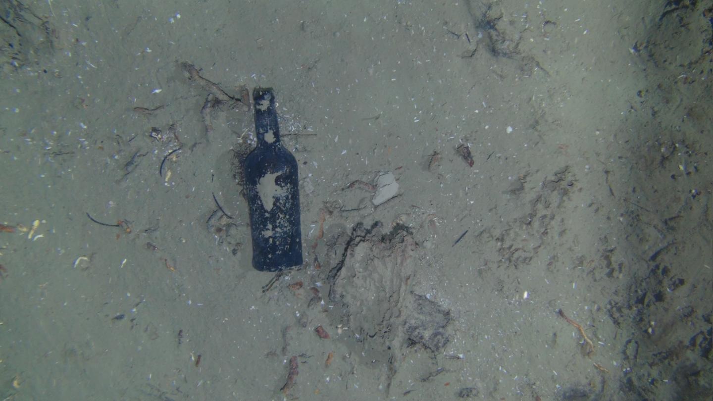 Shipwreck 2: One of nine glass bottles observed at the site of a centuries-old shipwreck off the North Carolina coast. (credit: WHOI)