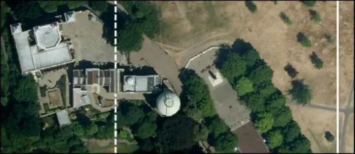 The Airy meridian is marked as the "Prime Meridian of the World" (dotted line), and the modern reference meridian indicating zero longitude using GPS (solid line).