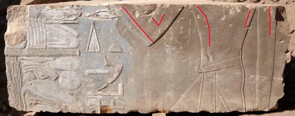 Female representation of Hatshepsut (highlighted by red lines) that was later replaced by the image of a male king (Photo German Archaeological Institute).