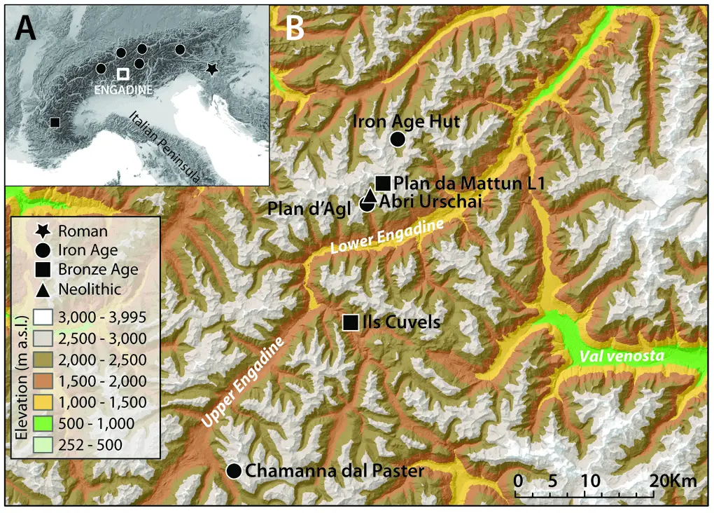 ocation and chronology of the earliest upland dry-stone structures in the Alps with secure dates; the Iron Age Hut of Val Fenga during excavation - Credit : Carrer F, et al. PLOS ONE