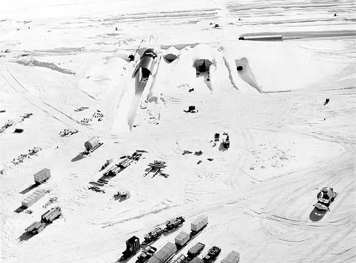 melting ice sheet could expose frozen cold war-era hazardous waste The northeast portal to Camp Century during construction in 1959. CREDIT : US Army
