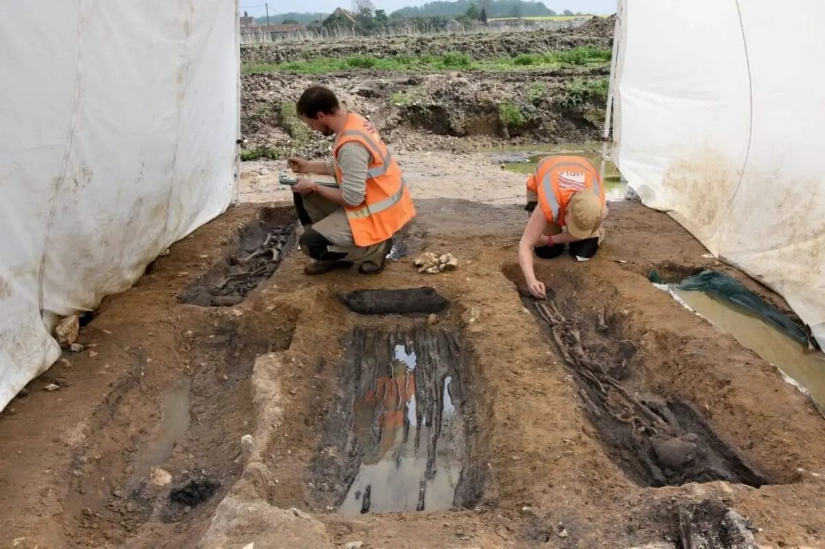 anglo-saxon cemetery discovered in norfolk Archaeologists excavate waterlogged graves (c) MOLA.