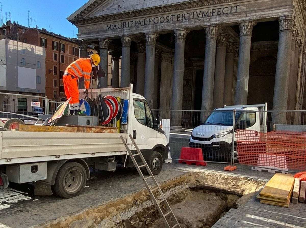 sinkhole reveals original roman paving next to pantheon in rome