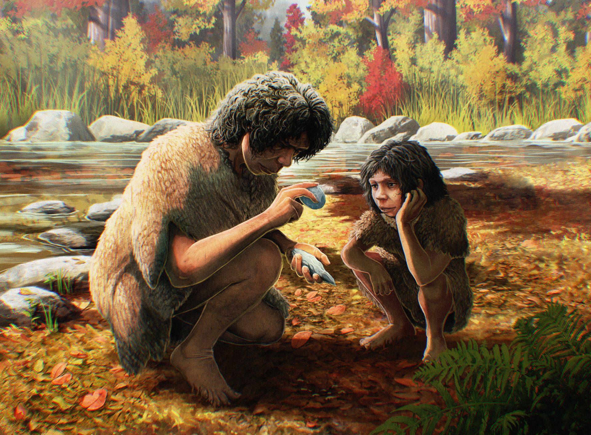 Artist reconstruction of Homo heidelbergensis making a flint handaxe Image credit Department of Archaeology University of Cambridge Illustration by Gabriel Ugueto